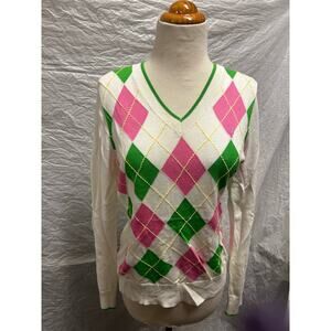 Lilly Pulitzer Women's Pink, Green, and White Jumper Size Small